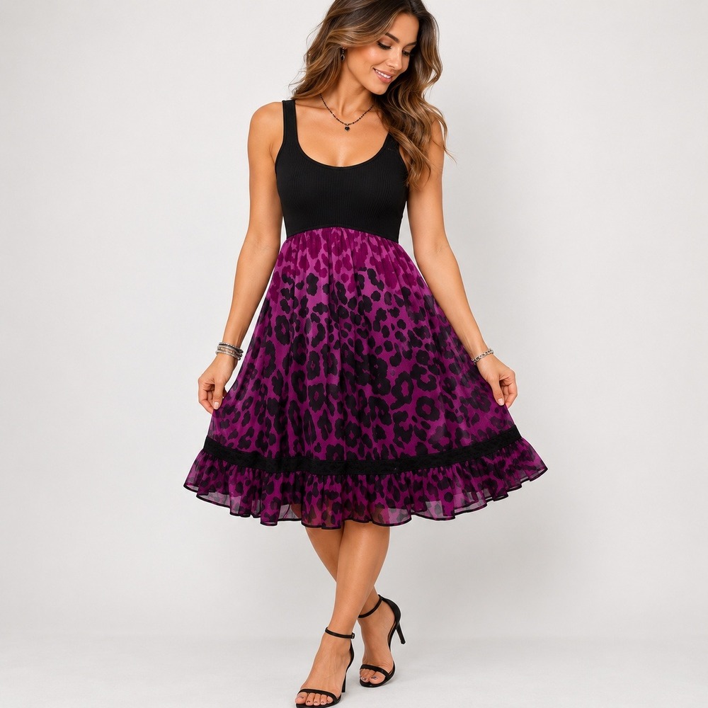 bebe Women's S Black Purple Silk Leopard Fit Flare Dress Y2K Style